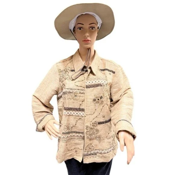 Coldwater Creek Tan Embroidered Floral Western Boho Linen Blazer Jacket Size 10 - Picture 3 of 11